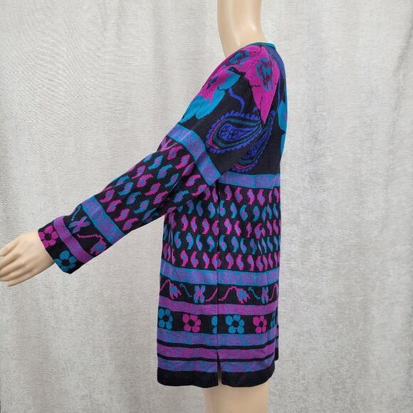 Cape Cod Vintage 80s Black Purple Teal  Floral Paisley Patterned Knit Sweater - Picture 4 of 9